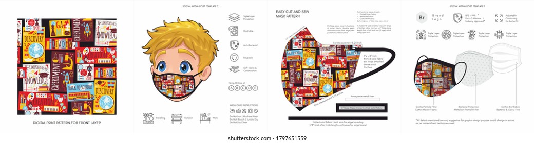 Kids, Comic, Cartoon, Back to School, Cute Background Patterns & Prints, Seamless Design for Face Mask, Fashion, Clothing, Fabric, Mockup Template Protective Face Mask Seamless Vector, Abstract 