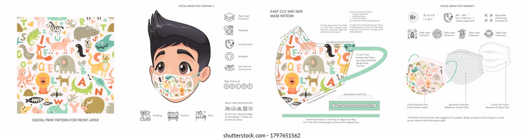 Kids, Comic, Cartoon, Back to School, Cute Background Patterns & Prints, Seamless Design for Face Mask, Fashion, Clothing, Fabric, Mockup Template Protective Face Mask Seamless Vector, Abstract 