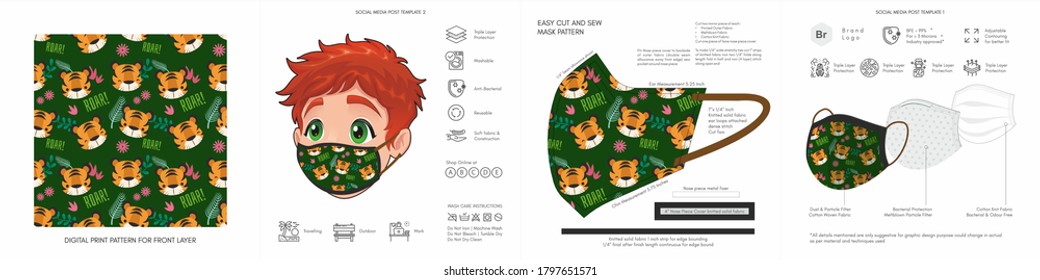 Kids, Comic, Cartoon, Back to School, Cute Background Patterns & Prints, Seamless Design for Face Mask, Fashion, Clothing, Fabric, Mockup Template Protective Face Mask Seamless Vector, Abstract 