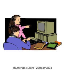 kids and computer hand drawn vector