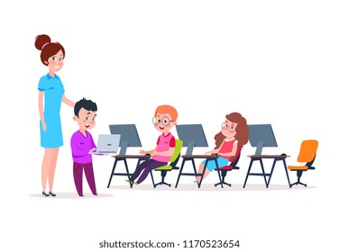 Kids in computer lab. School children coding at computers. Cartoon boys and girls learning new technology. Education vector concept. Computer school education boy and girl, children students