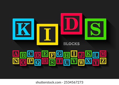 Kids. Construction blocks font, alphabet, letters and numbers vector illustration