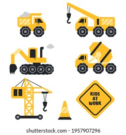 Kids Construction Cars And Trucks. Building Crane And Bulldozer. Isolated Vector Clipart
