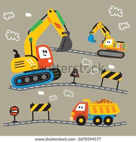 Kids Construction Site Vector, Cute Cartoon Excavator and Dump Truck Illustration 