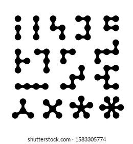 Kids construction toys templates. Molecular structures design symbols set. Black silhouettes of metaballs connected as shape figures of puzzle game for children.