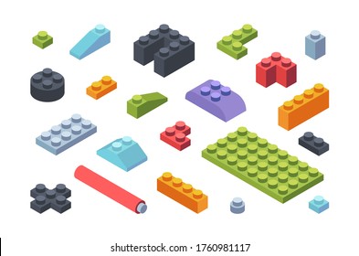 Kids constructor isometric blocks set. Multicolored tiles and parts assembly toy models geometric strips various shapes wide narrow childrens developmental constructor. Cognitive vector.