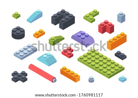 Kids constructor isometric blocks set. Multicolored tiles and parts assembly toy models geometric strips various shapes wide narrow childrens developmental constructor. Cognitive vector.
