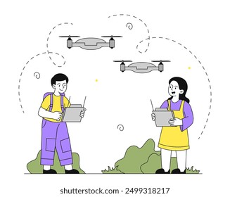 Kids control drones. Boy and girl with remote controllers control drone with cameras. Children in robotics club. Hobby and leisure outdoors. Linear vector illustration isolated on white background