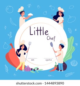 Kids cook background. Kids cooks background. Children in chef hat cooking food in kitchen. Culinary vector concept. Kids chef cook, course of diploma culinary illustration