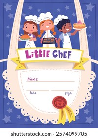 Kids cook certificate. Child cooking classes little chef diploma frame template, school kitchen education graduation achievement, preparing food class classy vector illustration original artwork