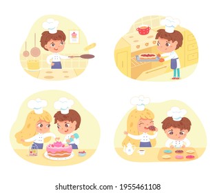 Kids cooking and baking pastry set. Little girl and boy in hat and apron making pie, pancakes, cake, doughnuts vector illustration. Young chefs preparing sweet food in kitchen.