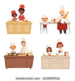 Kids cooking. Chef uniform making food with adults cook male and female professional peoples vector characters