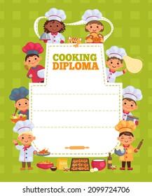 Kids cooking class certificate. Chefs diploma. Children around apron silhouette. Baking and culinary training course. Food preparation education. Boys and girls in