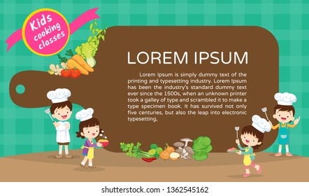 Kids Cooking class certificate design template.Cute little chef cooking meal menu ,poster,banner template.Kids enjoys with vegetables background.