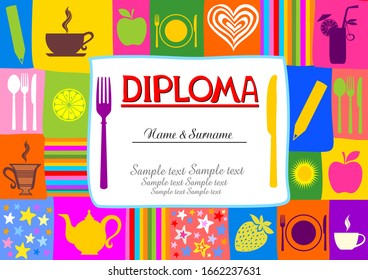 Plantilla de diseño de certificado de clase Kids Cooking. Plantilla de diploma para estudiantes de jardín de infancia. Plantillas de certificado de clase de cocina. Espacio libre para texto. Ilustración del vector