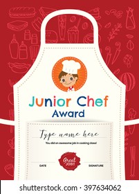 Kids Cooking class certificate design template with junior chef cartoon illustration on kitchen apron background