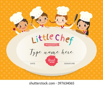 Kids Cooking class certificate design template with little chef cartoon illustration