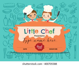 Kids Cooking class certificate design template with little chef cartoon illustration
