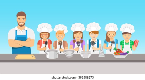 Kids Cooking Class Flat Illustration. Group Of Happy Fun Children, Boys And Girls In Chef Hats And Aprons With Kitchen Equipment, Cook Food With An Adult.  Culinary Education Party With Man Teacher