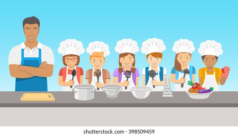 Kids cooking class flat illustration. Group of happy fun children, boys and girls in chef hats and aprons with kitchen equipment, cook food with an adult.  Culinary education party with man teacher