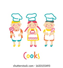 Kids Cooking class. 
Group сhild in cook's cap, girl holding dish with food, boy holds a ladle. Vector illustrations in cartoon flat style isolated on white background. 