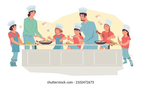 Kids Cooking Class scene, flat vector illustration isolated on white background. Cooking workshop or lesson for children. Boys and girls prepare food with help of adults.