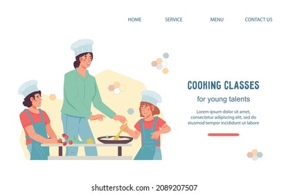 Kids cooking class website layout with children in chef hats cook food with an adult. Culinary classes for children advertising web page or landing page, flat vector illustration.