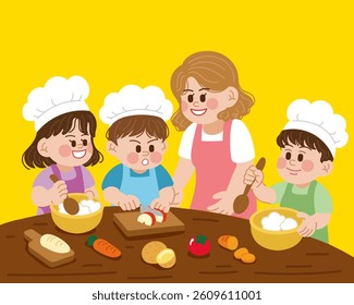 Kids cooking class. Kids who are concentrating hard on cooking classes.
