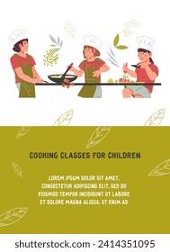Kids cooking classes banner template. Culinary master class for children advertisement, flat vector illustration on white.