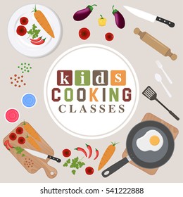 Kids Cooking Classes Invitation, Flat Design Vector Illustration