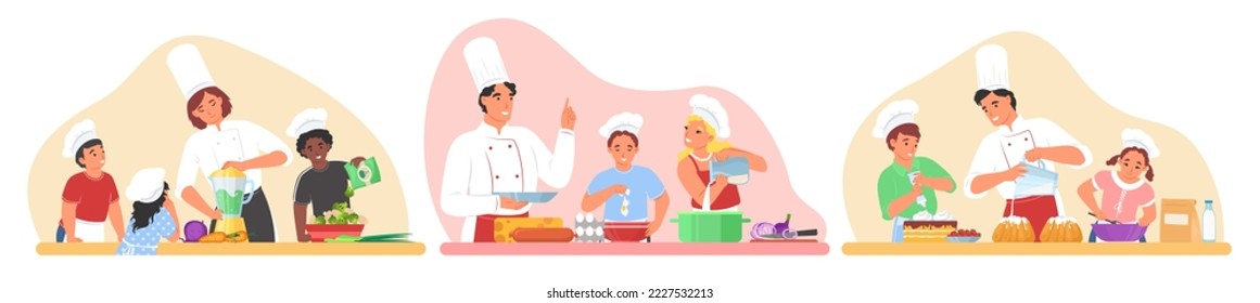 Kids cooking course vector scene set. Chef character teaching children to prepare food at restaurant kitchen isolated on white background. Education class for little boy and girl loving culinary