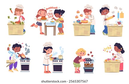 Kids cooking dishes. Little chef cooks learning preparing food, bakes cake children cookery profession kid chief cook characters on home kitchen, cartoon classy vector illustration original artwork