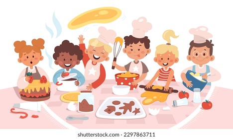 Kids cooking illustrations. Happy children prepare cake, soup and biscuits. Boys and girls in chef hat. Kitchen utensil and cooking process