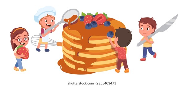 Kids cooking and preparing to eat pancakes. Girls, boys children people hold knife, pour syrup, put berries on big pancakes stack. Delicious sweet breakfast food funny concept flat vector illustration