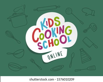 Kids Cooking School Banner. Colorful Typography Composition. Lettering Desing Element For Prints, Advertising, Posters. Vector Illustration.