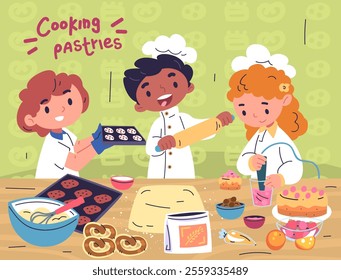 Kids cooking together. Children making baking in home kitchen interior, kid cook classes workshop little chef child teamwork cooking dish prepare food, classy vector illustration original artwork