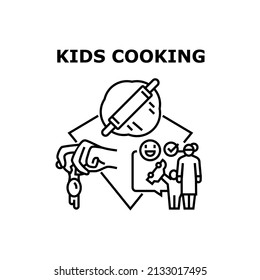 Kinder kochen Vektorsymbol Konzept. Kinder, die mit Mutter kochen, Ei abstürzen und Teig mit Holzpinkküche backen. Kindererziehung für vorbereitete Ernährung Fleisch schwarze Illustration