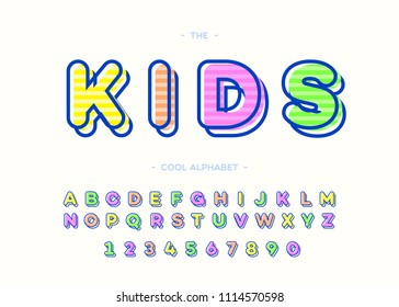 Kids cool alphabet modern typography. Font trendy colorful bold 3d sans serif style for t shirt, promotion, party poster, kids book, greeting card, sale banner, printing on fabric, decoration. 10 eps 