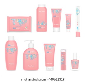 Kids cosmetic tubes with flower design. Vector