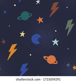 Kid's Cosmic Pattern. Seamless vector pattern. Multi colored motifs on navy background.
