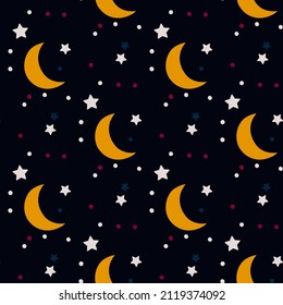 kids cosmic seamless pattern with shining stars, dots and cartoon moon