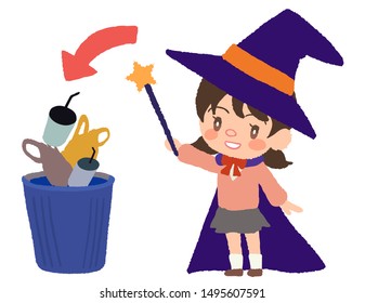 Kids cosplaying a magician at Halloween, trash in the trash