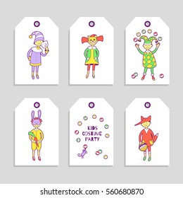 Kids costume party. Set of cute printable hand drawn tags with children in fancy dresses and carnival masks. Vector design templates perfect for greeting and invitation cards, flyers, posters, badges.