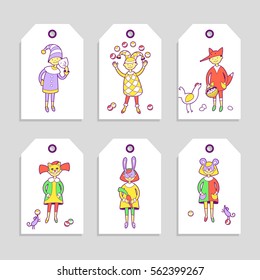 Kids costume party. Set of cute printable hand drawn tags with children in fancy dresses and carnival masks. Vector design templates perfect for greeting and invitation cards, posters, labels, badges.