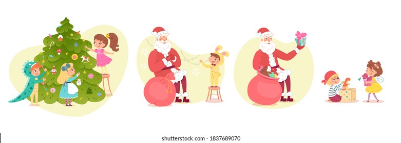 Kids in costumes at Christmas party with santa set. Cute happy children wearing xmas suits vector illustration. Girls and boys dressed, santa with bag of presents, new year tree decorating.