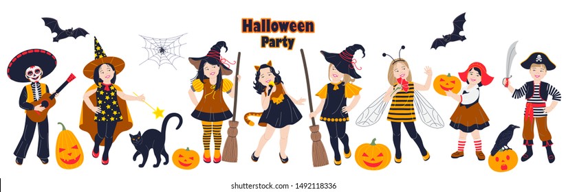 Kids in Costumes at Halloween Party. Children dressed as witches, pirate, stargazer, skeleton and animals isolated on white. Vector flat illustration holiday theme.