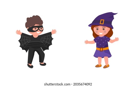 Kids in costumes isolated vector illustration. Girl in witch costume and boy in bat costume cartoon style on white background. Children pretending and playing Halloween.