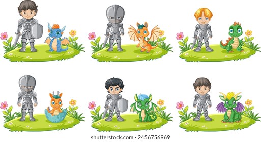 Kids in costumes playing with mythical animals outdoors.