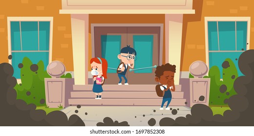 Kids cough from air pollution. Black smog clouds in front of school. Vector cartoon illustration of urban scene with children suffering from smoke, toxic gases or road dust on city street
