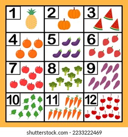 Kids counting game. Kindergarten learning number food card.
